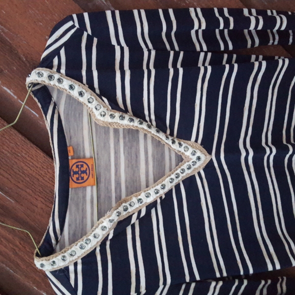 Tory Burch Navy Silk Striped Rhinestone Embellished Shirt Blouse - Picture 5 of 7
